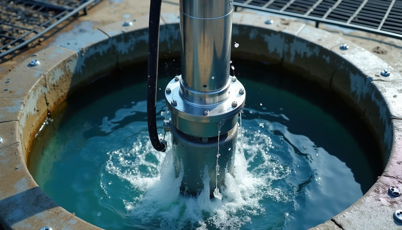 Submersible pump lowered into a well, water running